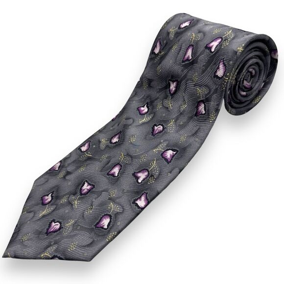 TANAGO MONSIEUR Grey Purple Floral Pattern Vintage‎ Necktie Silk Mens 59 Inch - Picture 1 of 11
